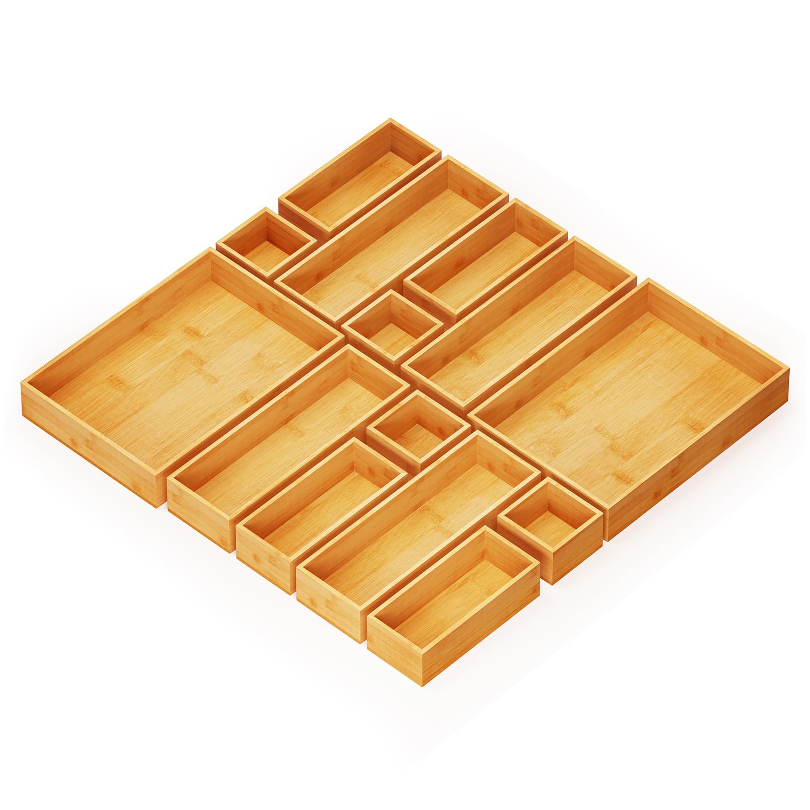 SpaceAid bamboo organizer front packaging showing all 14 natural wood trays for versatile storage