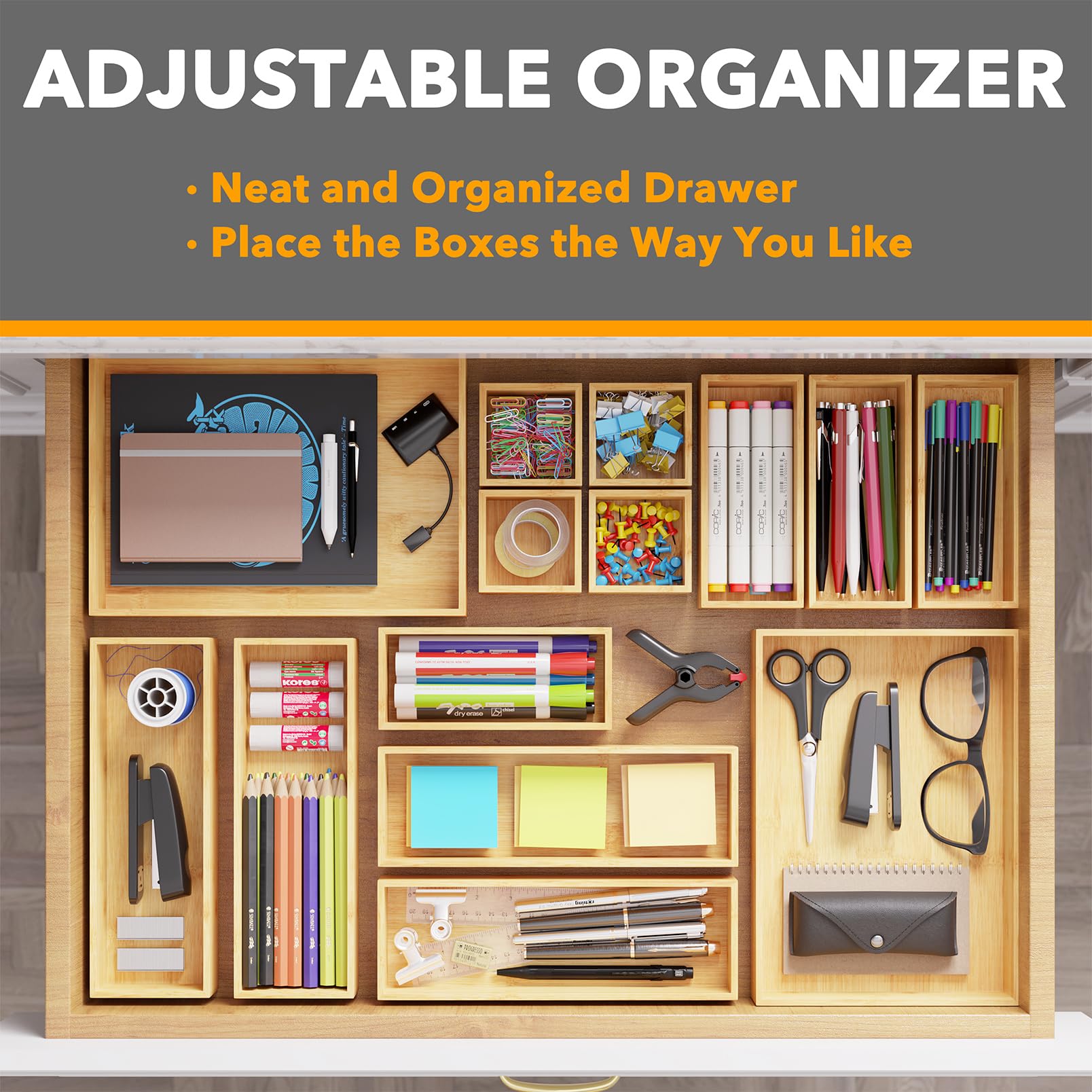 SpaceAid bamboo trays organizing pens, clips, and cables on an office desk for efficient workflow