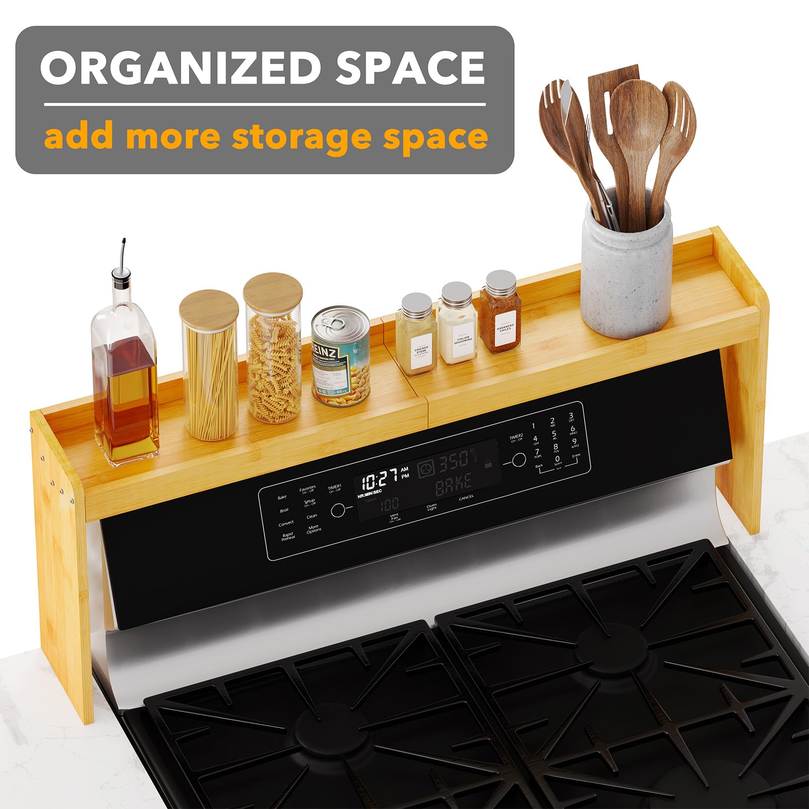 SpaceAid shelf loaded with spice jars demonstrating organized cooking convenience