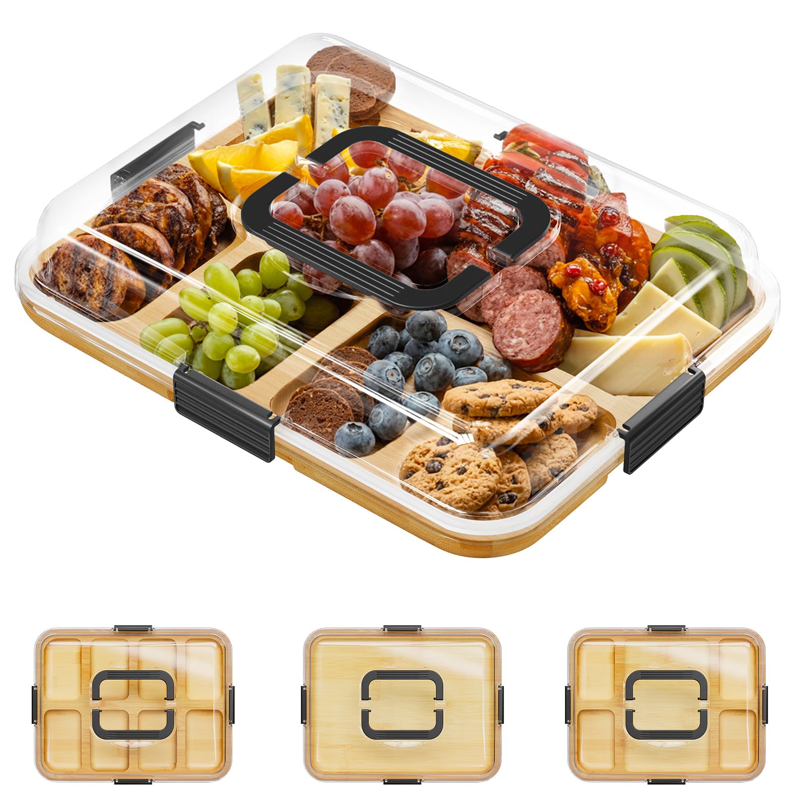 SpaceAid charcuterie board front view showing full bamboo tray and black handles for easy carrying