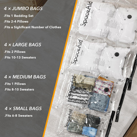 SpaceAid compressed comforter in bag illustrating major volume reduction and neat stacking