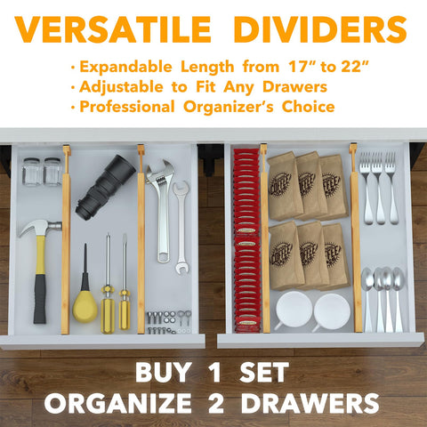 SpaceAid divider next to ruler demonstrating expandable 17 to 22 inch range and compact profile