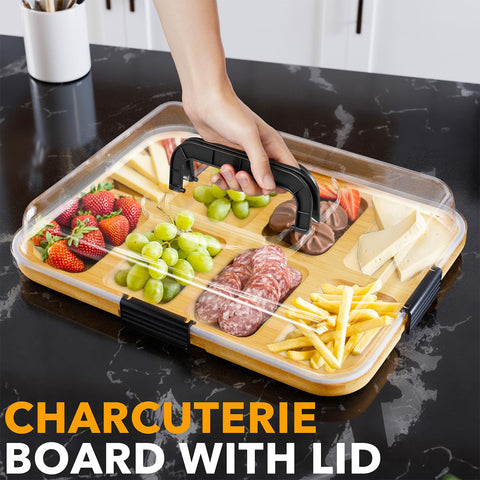 SpaceAid board filled in eight compartments with cheeses and fruits for organized serving