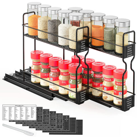SpaceAid front-facing two-tier sliding spice rack showing organized jars and quick access