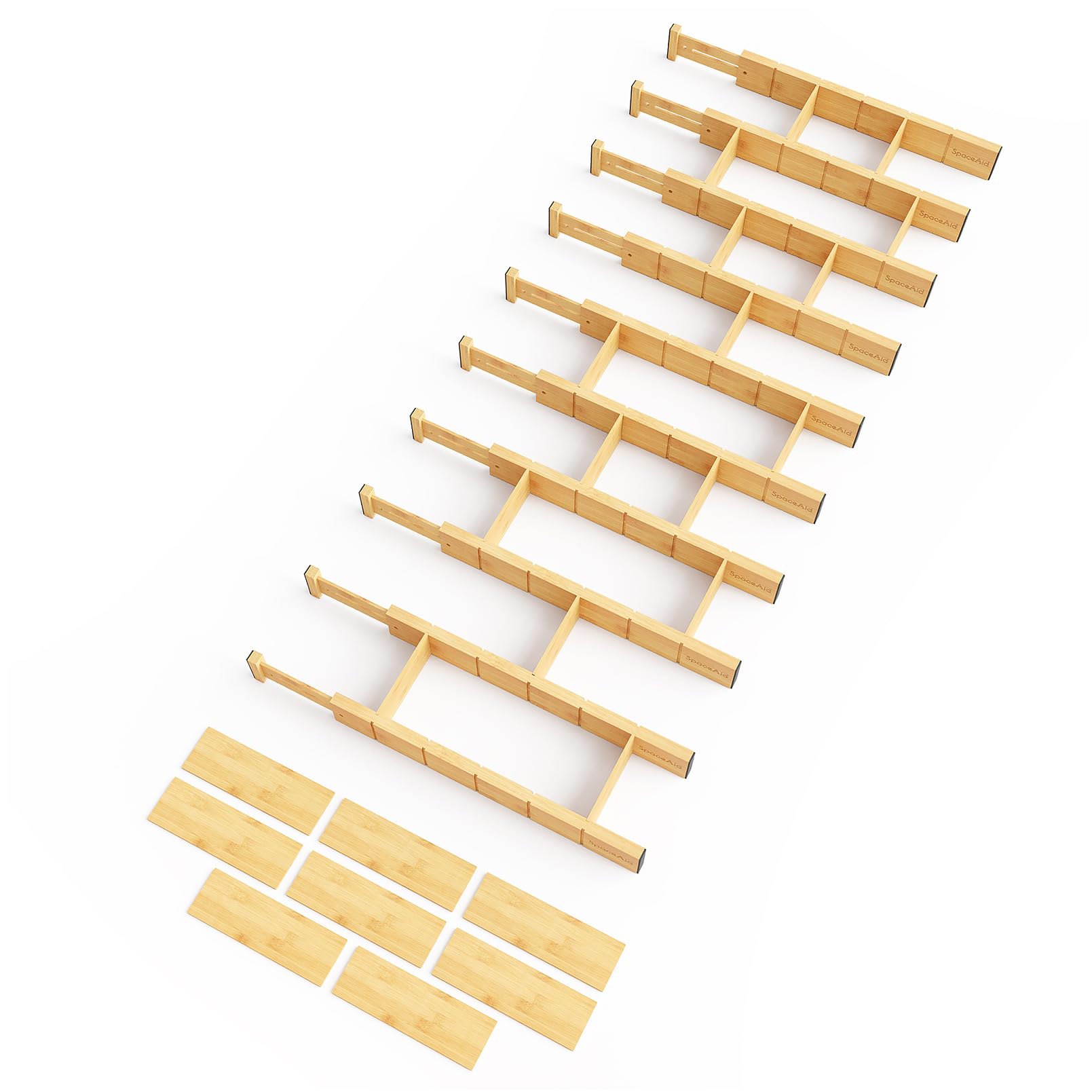 SpaceAid front package showing 10 bamboo dividers and labels for immediate organization