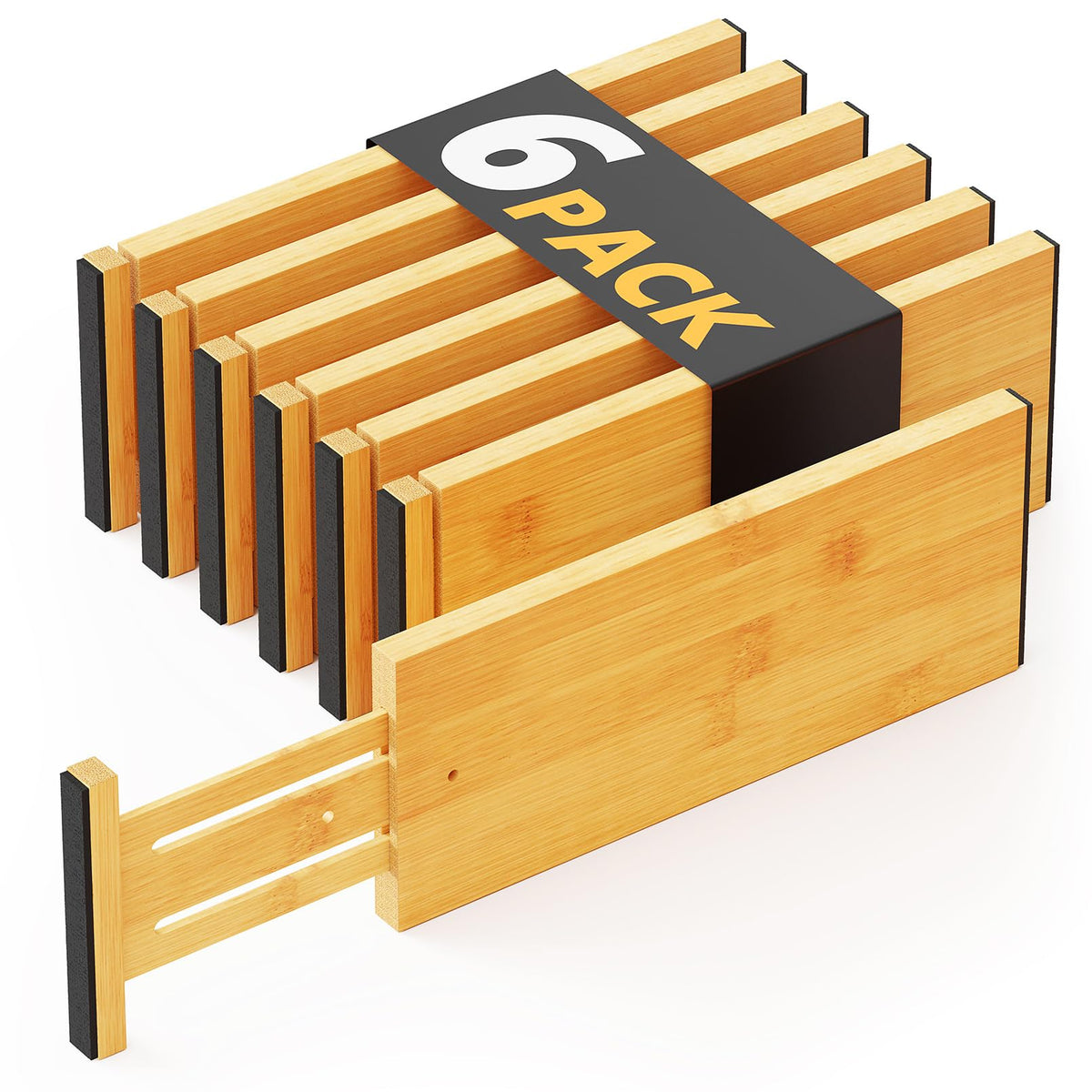 SpaceAid front packaging showing six bamboo drawer dividers and labels, highlights convenience