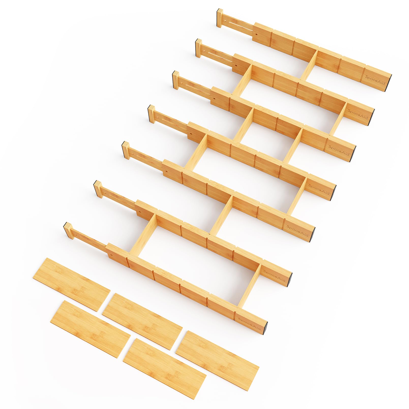 SpaceAid front packaging showing bamboo dividers and included labels for easy setup