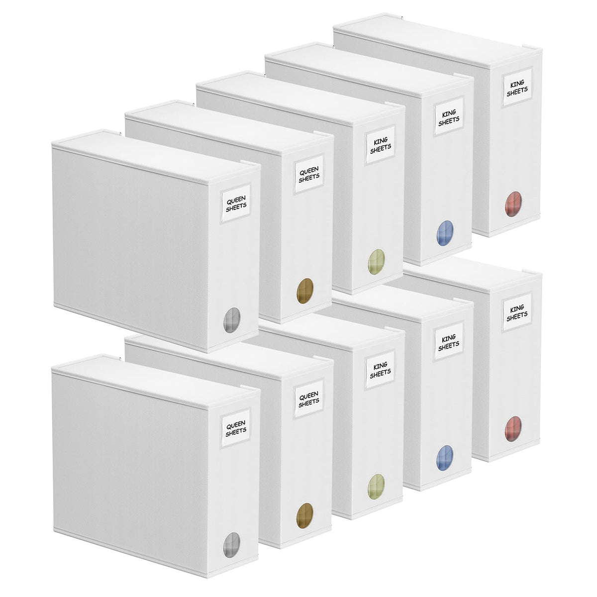 SpaceAid front view of ten white sheet organizers showing neat storage benefit
