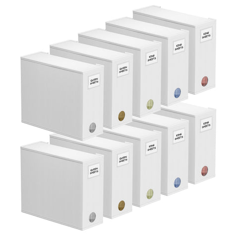 SpaceAid front view of ten white sheet organizers showing neat storage benefit