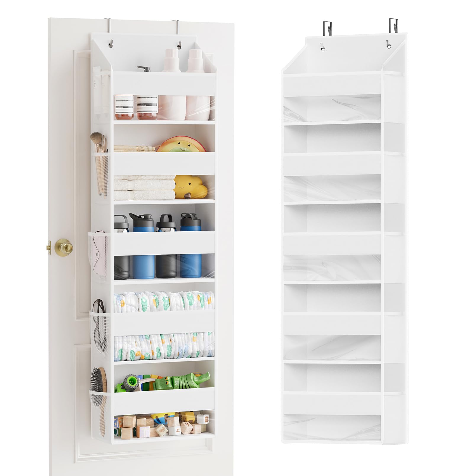 SpaceAid front view showing five clear pockets and ten mesh side pockets for visible organization