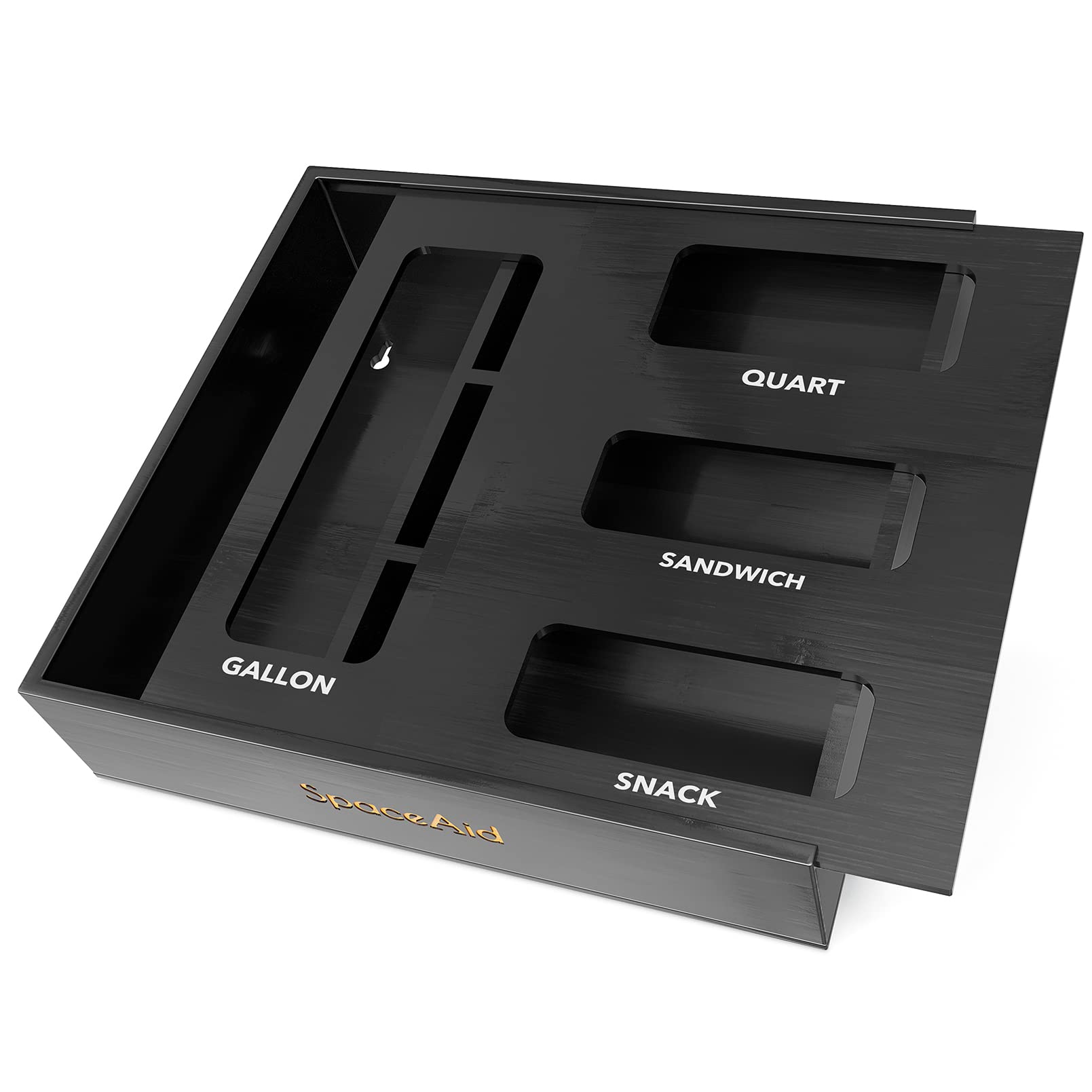 SpaceAid front view of bamboo box showing four slots and tidy organization benefit