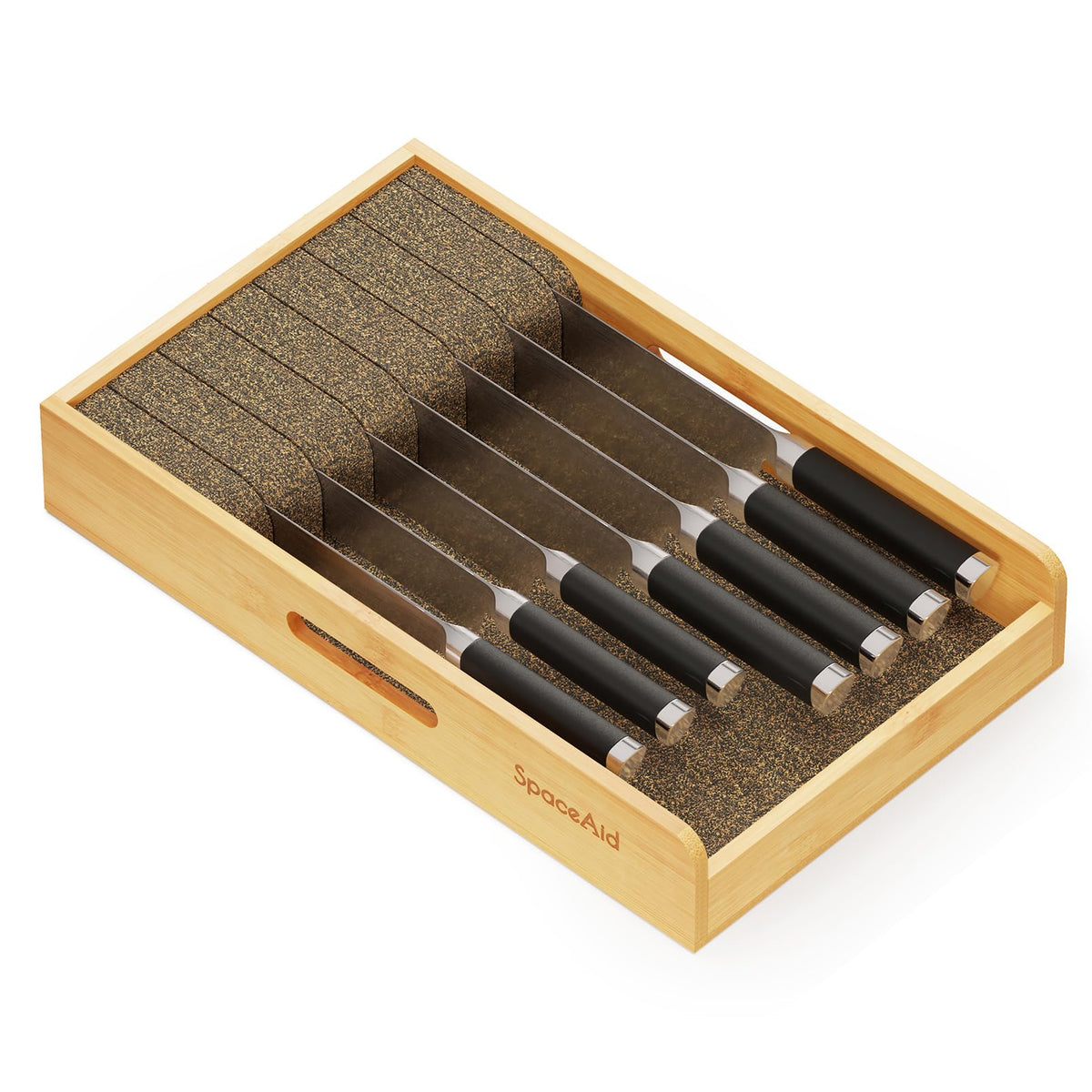 SpaceAid bamboo organizer front view showing neat knife storage benefit