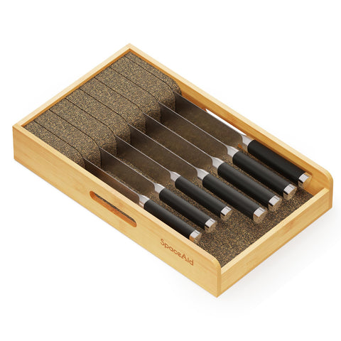 SpaceAid bamboo organizer front view showing neat knife storage benefit