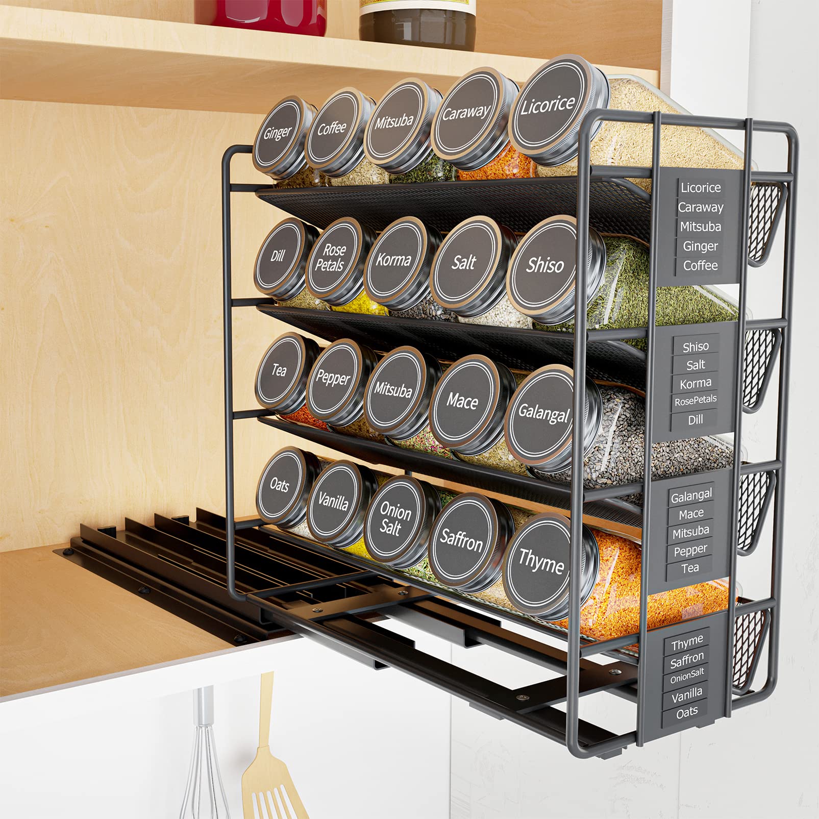 SpaceAid front view of left-facing rack showing neat spice organization and easy access
