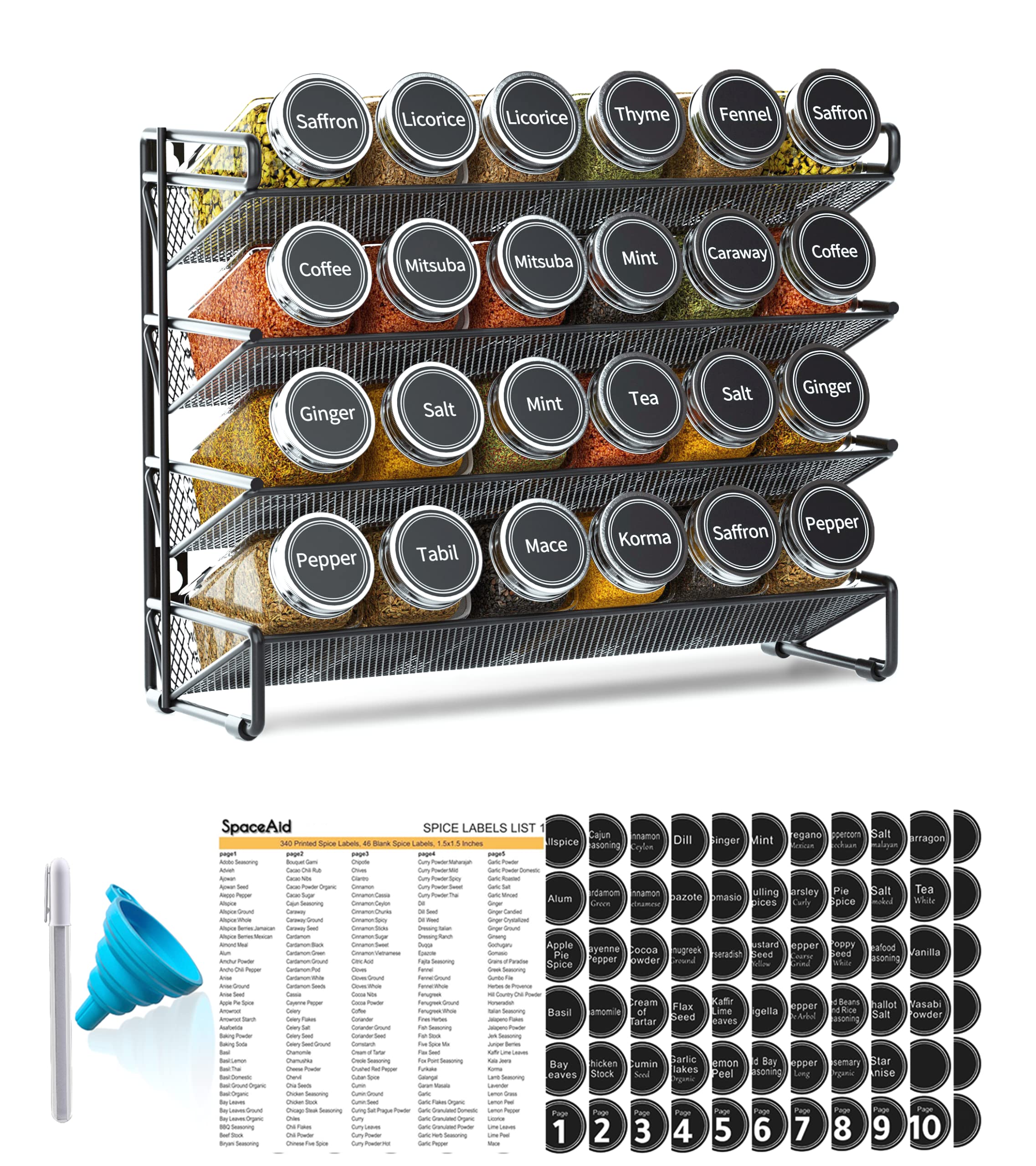 SpaceAid front view on countertop showing organized 24-jar rack and clear labels for quick selection