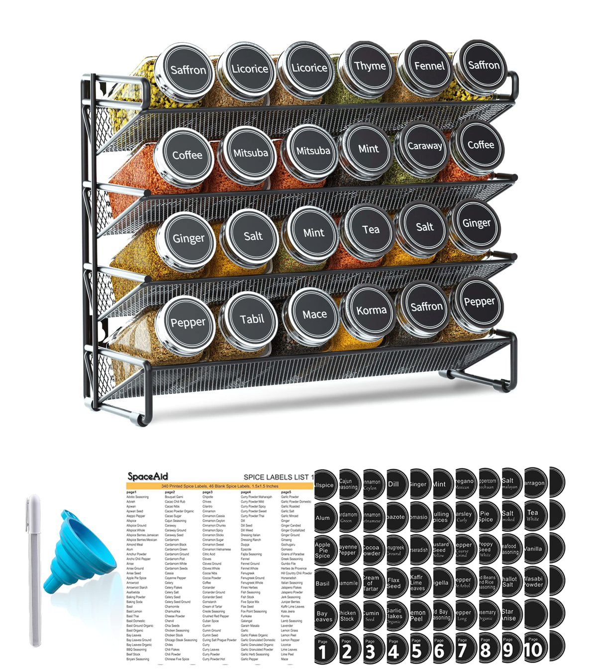 SpaceAid front view on countertop showing organized 24-jar rack and clear labels for quick selection