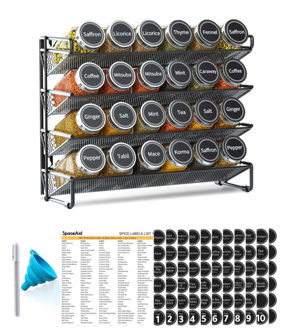 SpaceAid front view on countertop showing organized 24-jar rack and clear labels for quick selection