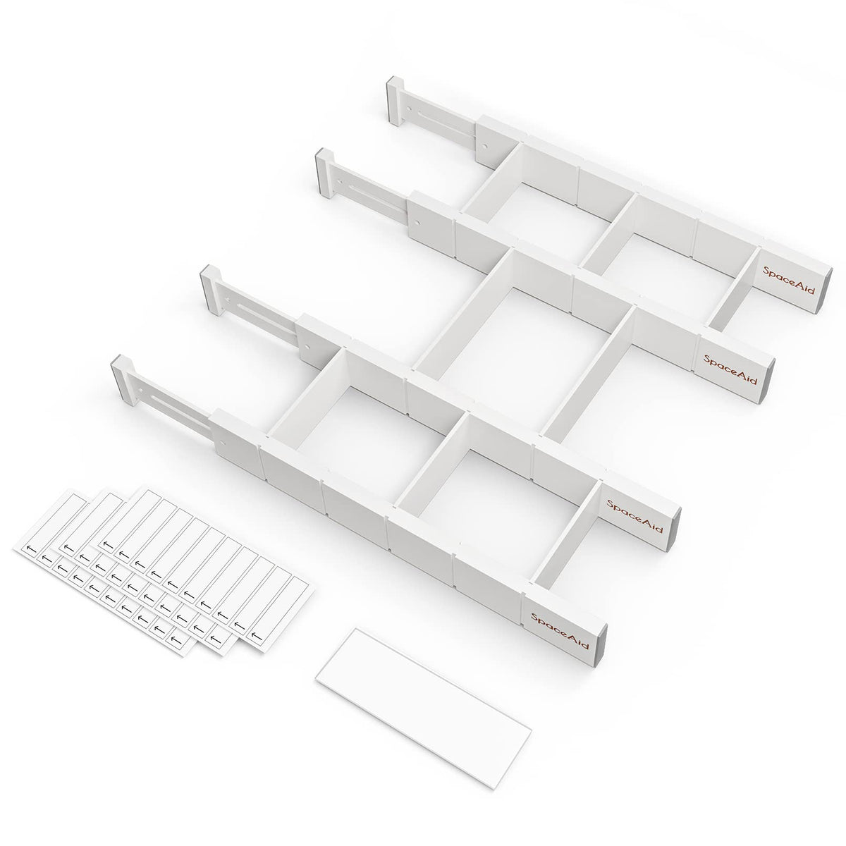SpaceAid front view of packaged dividers showing included inserts and labels, neat storage