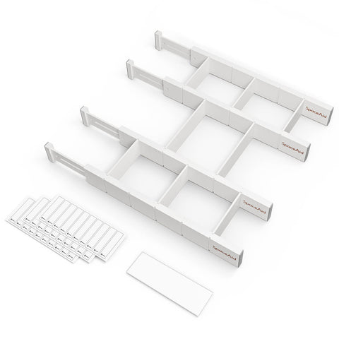 SpaceAid front view of packaged dividers showing included inserts and labels, neat storage