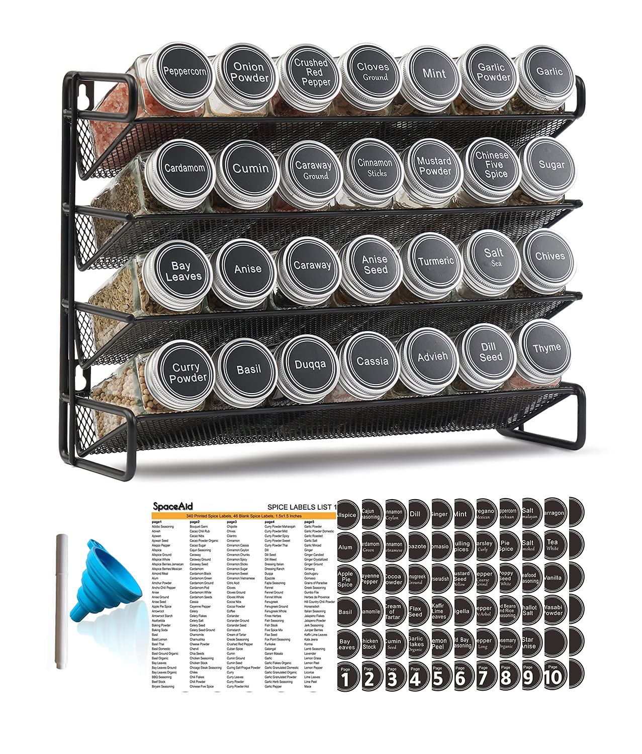 SpaceAid front view of assembled 4-tier spice rack showing neat jar layout and space savings