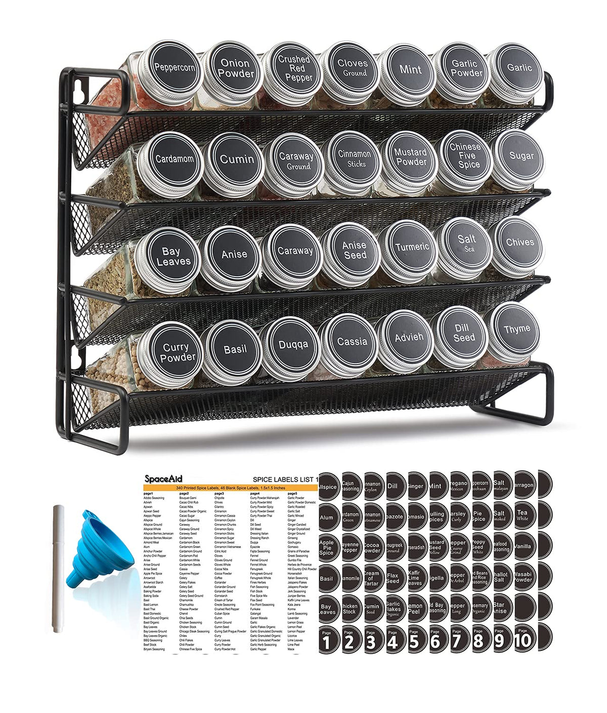 SpaceAid front view of assembled 4-tier spice rack showing neat jar layout and space savings