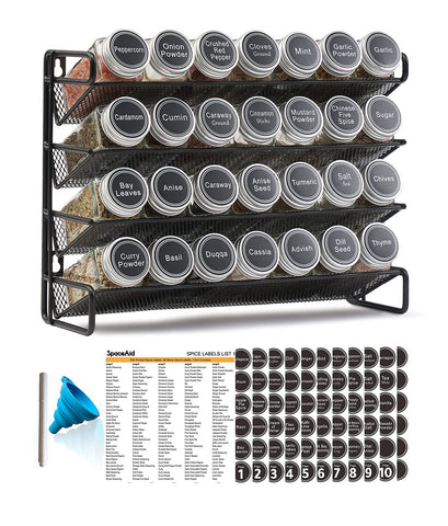 SpaceAid front view of assembled 4-tier spice rack showing neat jar layout and space savings