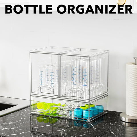 SpaceAid in use with baby bottles arranged inside drawers for quick grab benefit