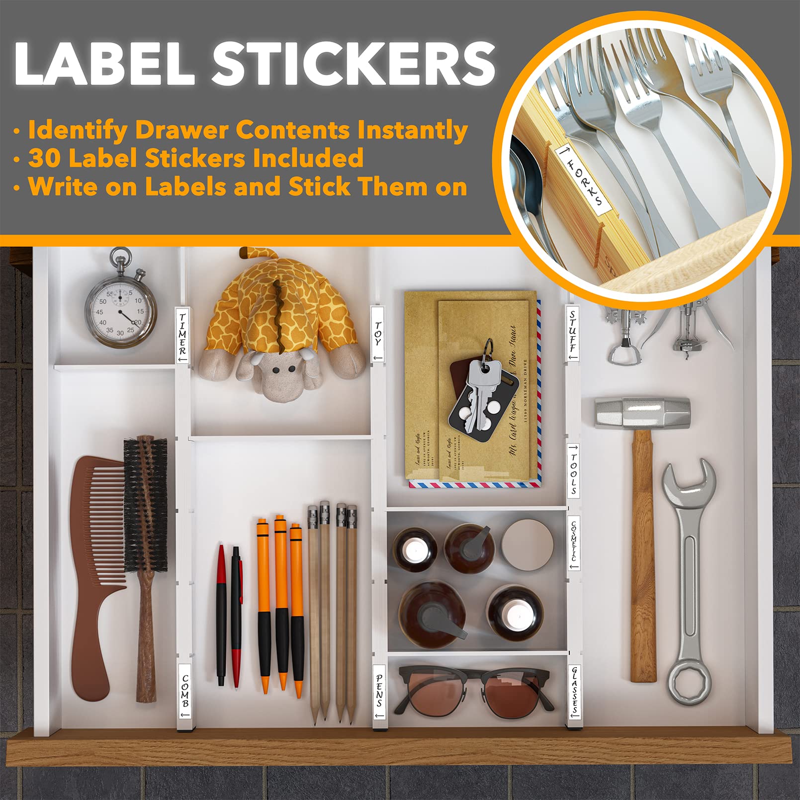 SpaceAid detailed view of removable inserts and 30 labels for quick customization benefit