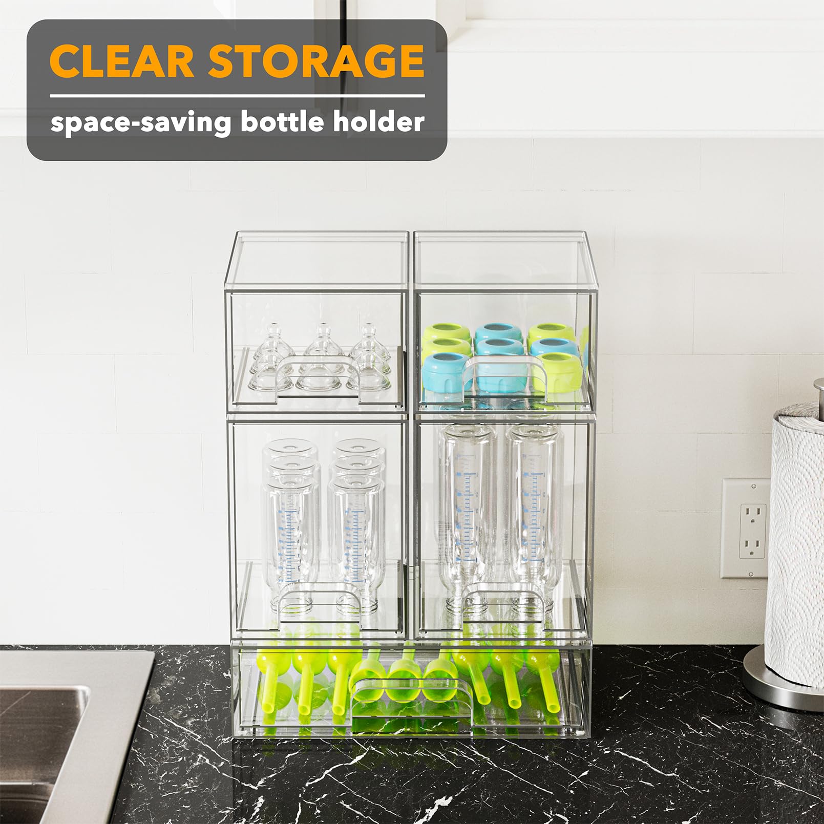 SpaceAid on nursery countertop demonstrating tidy, space-saving storage