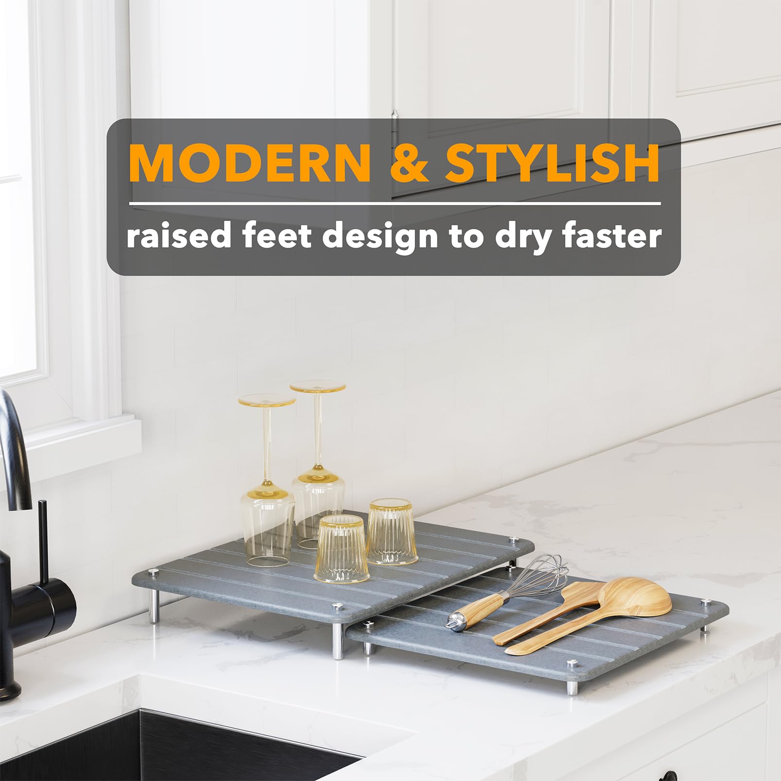 SpaceAid low-profile mat under cabinet showcasing space-saving fit benefit