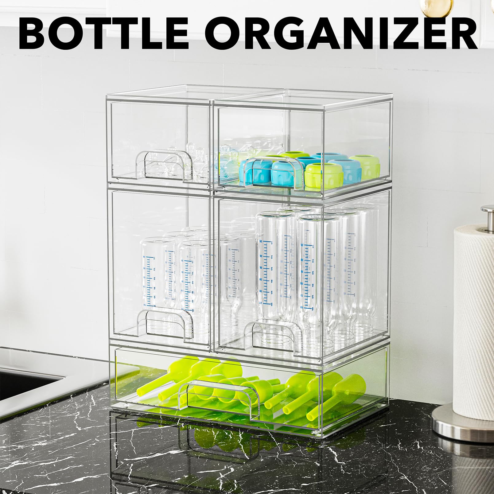 SpaceAid medium bin filled with bottles for quick visible access