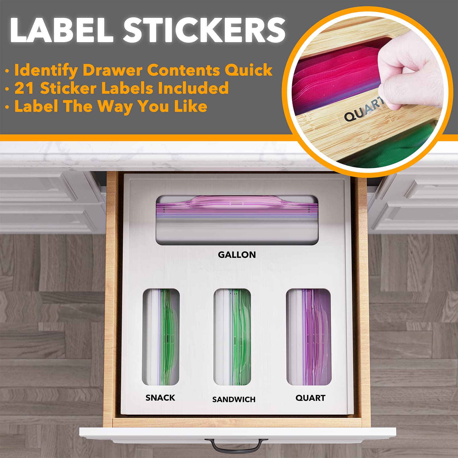 SpaceAid adhesive label set laid out next to box showing easy identification and customization