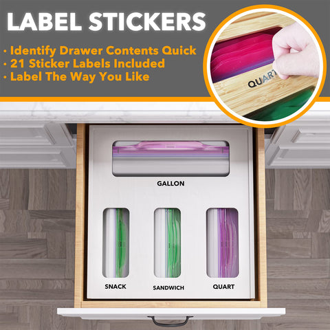 SpaceAid adhesive label set laid out next to box showing easy identification and customization