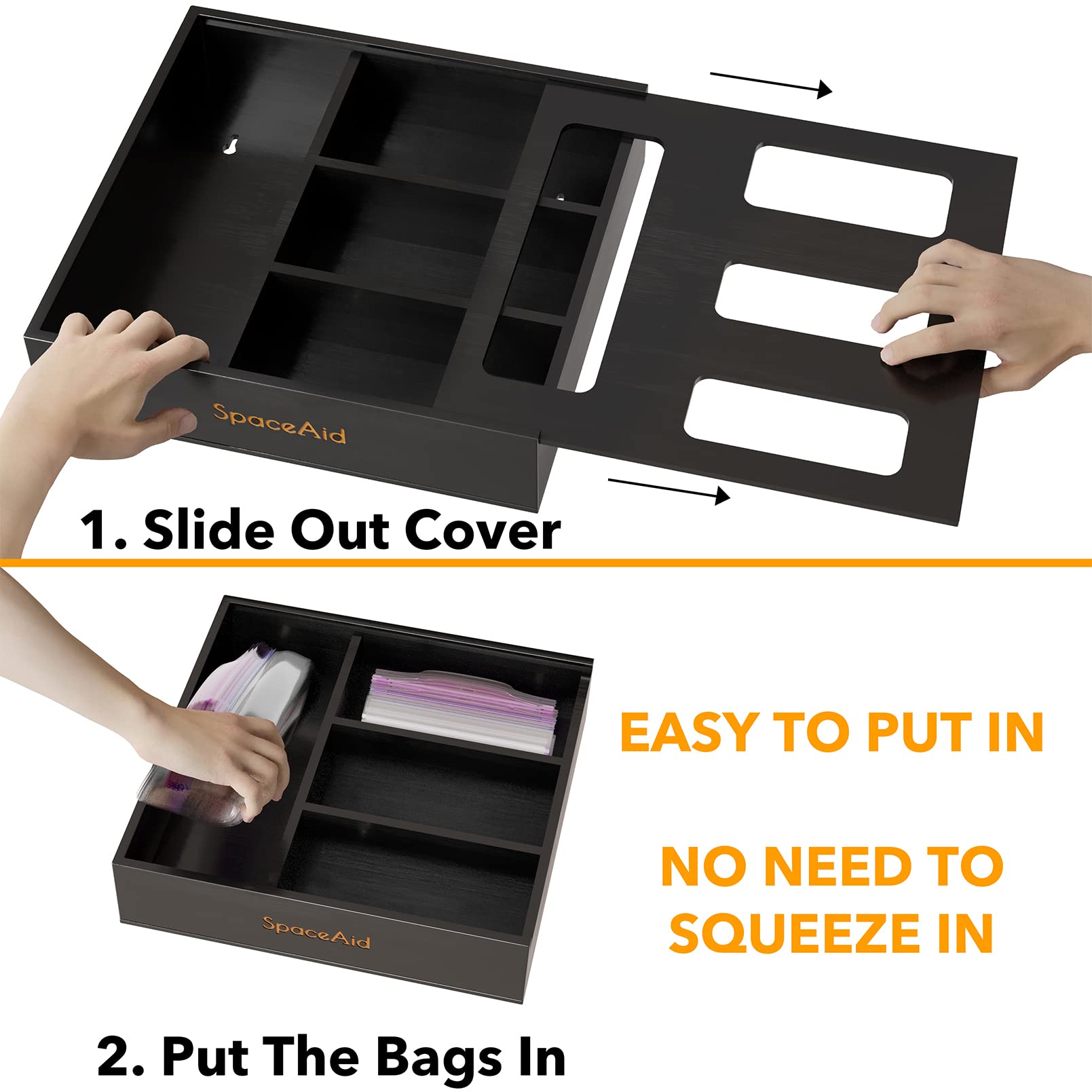 SpaceAid next to hand demonstrating size and easy one-handed bag access benefit