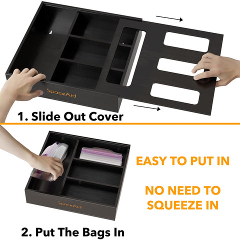 SpaceAid next to hand demonstrating size and easy one-handed bag access benefit