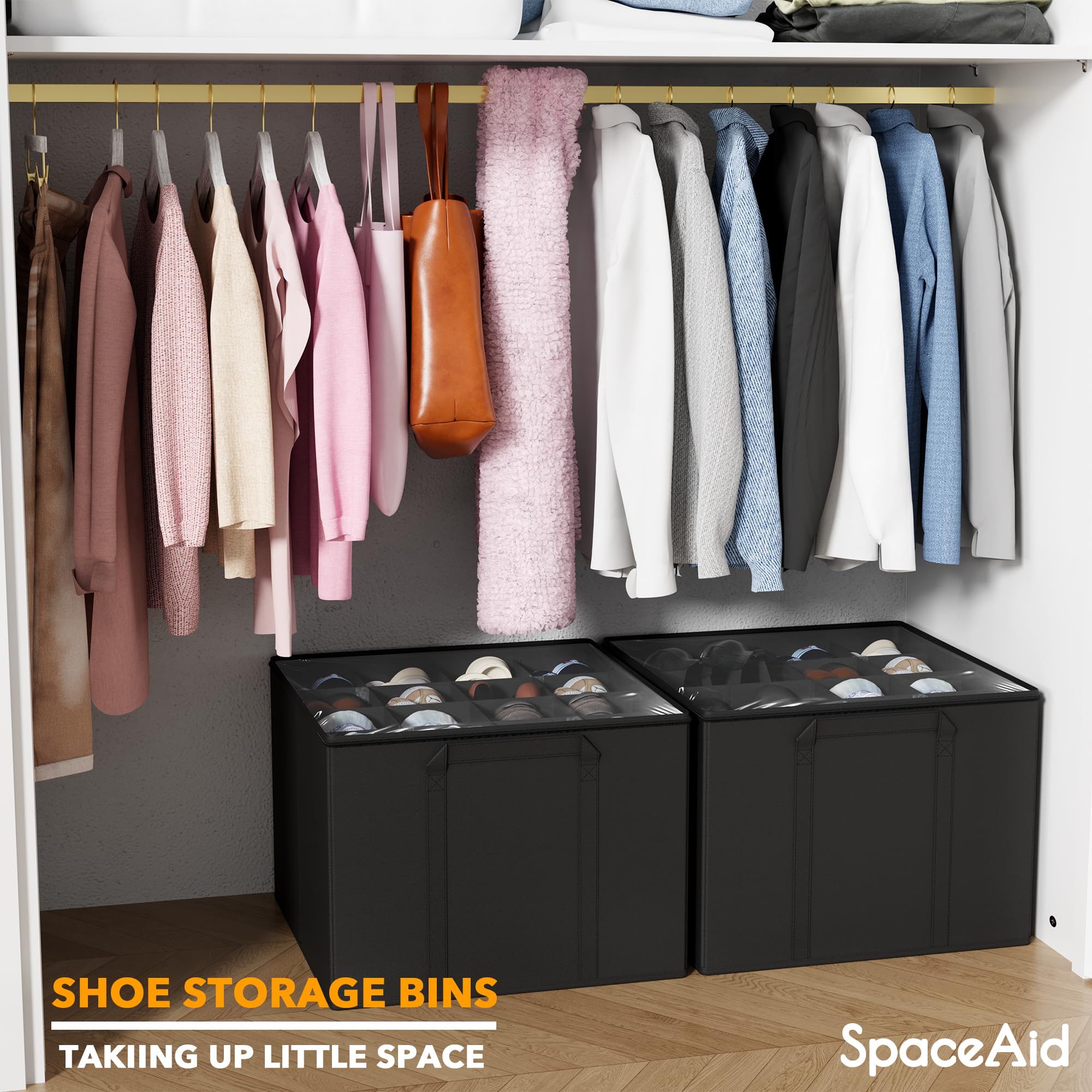 SpaceAid with shoes beside box to show scale and capacity