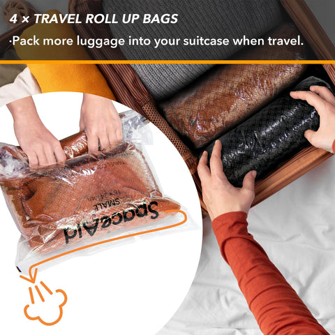 SpaceAid travel roll bag inside suitcase showing lightweight packing and wrinkle reduction