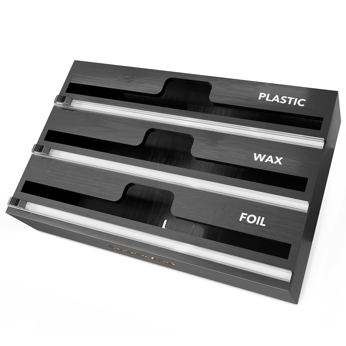 SpaceAid WrapNeat front view showing sleek black bamboo and organized appearance, improves kitchen order
