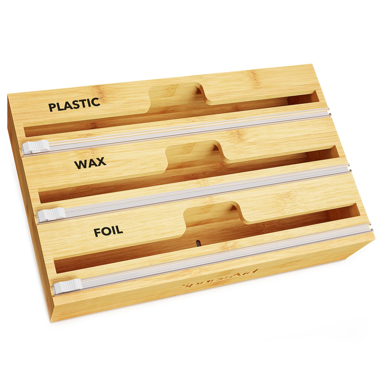 SpaceAid front view of bamboo 3-slot wrap organizer showing neat aesthetic and space saving