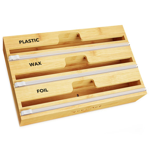 SpaceAid front view of bamboo 3-slot wrap organizer showing neat aesthetic and space saving
