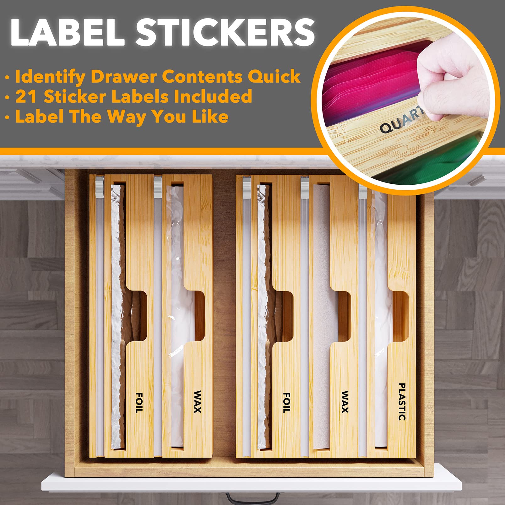 SpaceAid label stickers laid out with organizer illustrating quick identification benefit