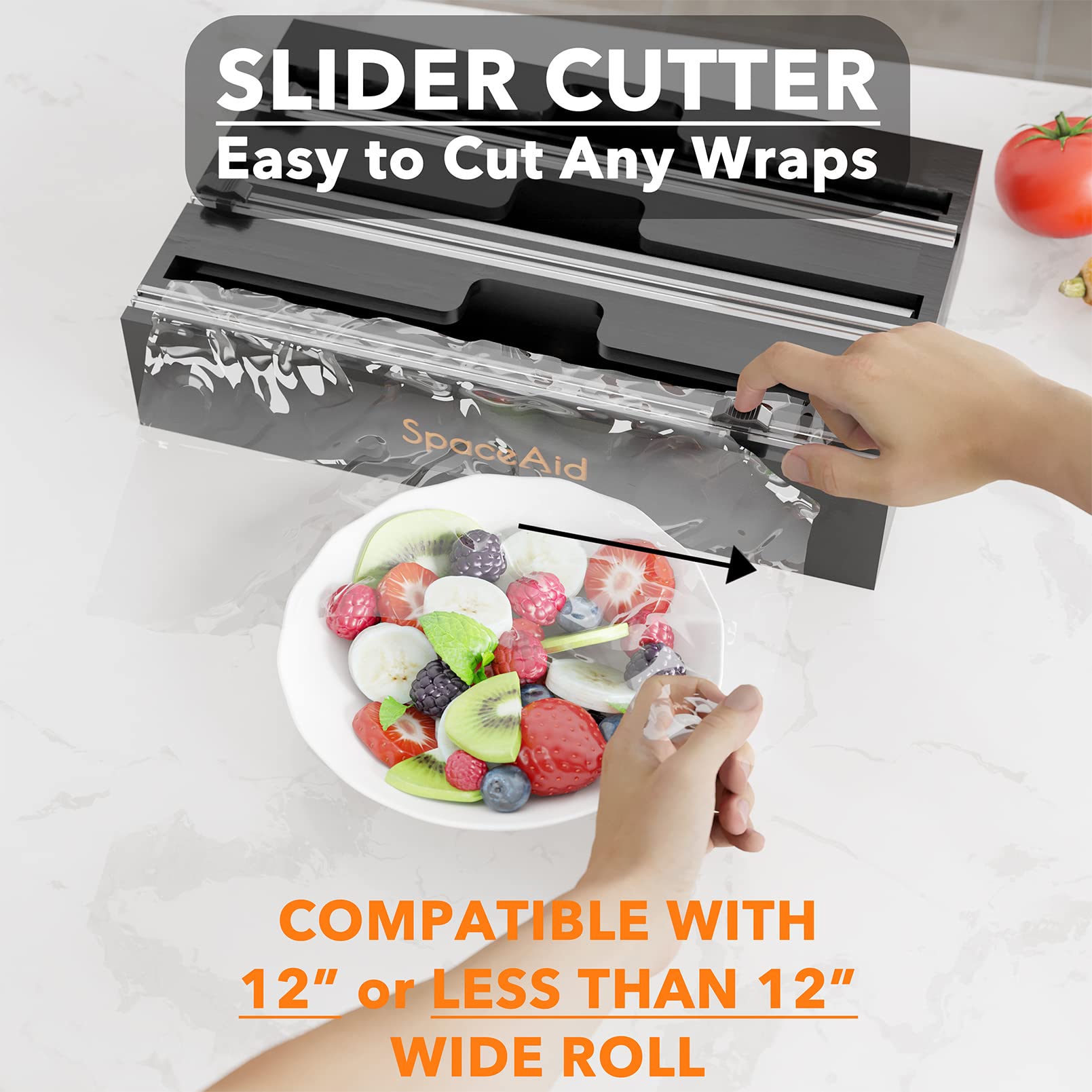SpaceAid WrapNeat beside a cookbook and knife for scale, shows compact size and space-saving advantage
