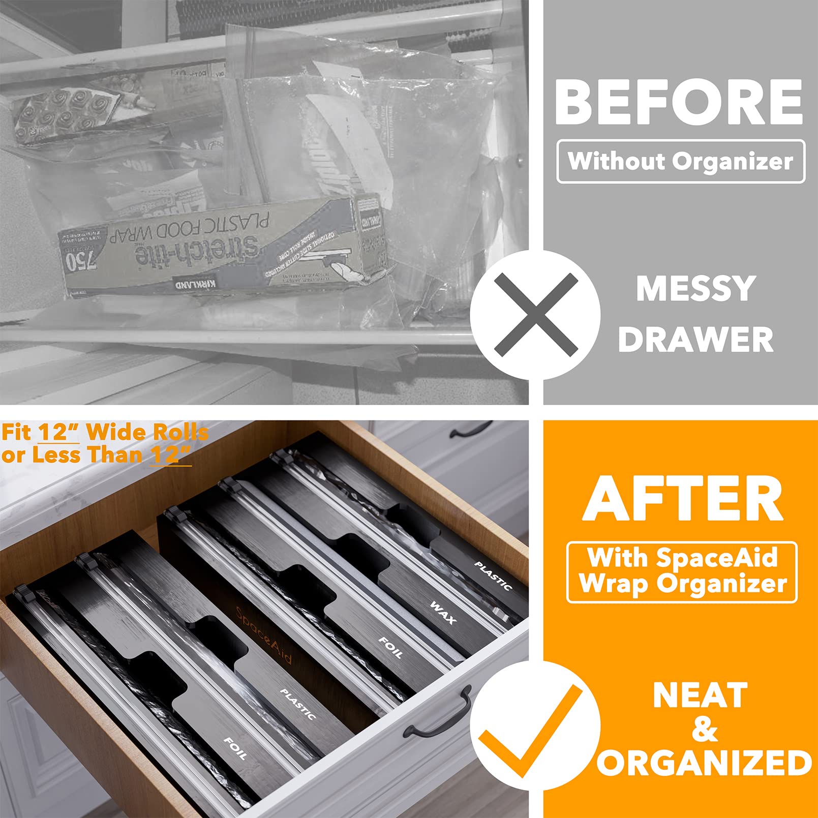 SpaceAid WrapNeat top view with three open slots and visible rolls, shows easy access and organization