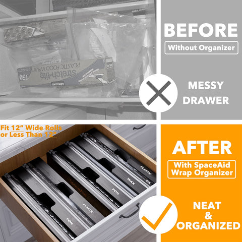 SpaceAid WrapNeat top view with three open slots and visible rolls, shows easy access and organization