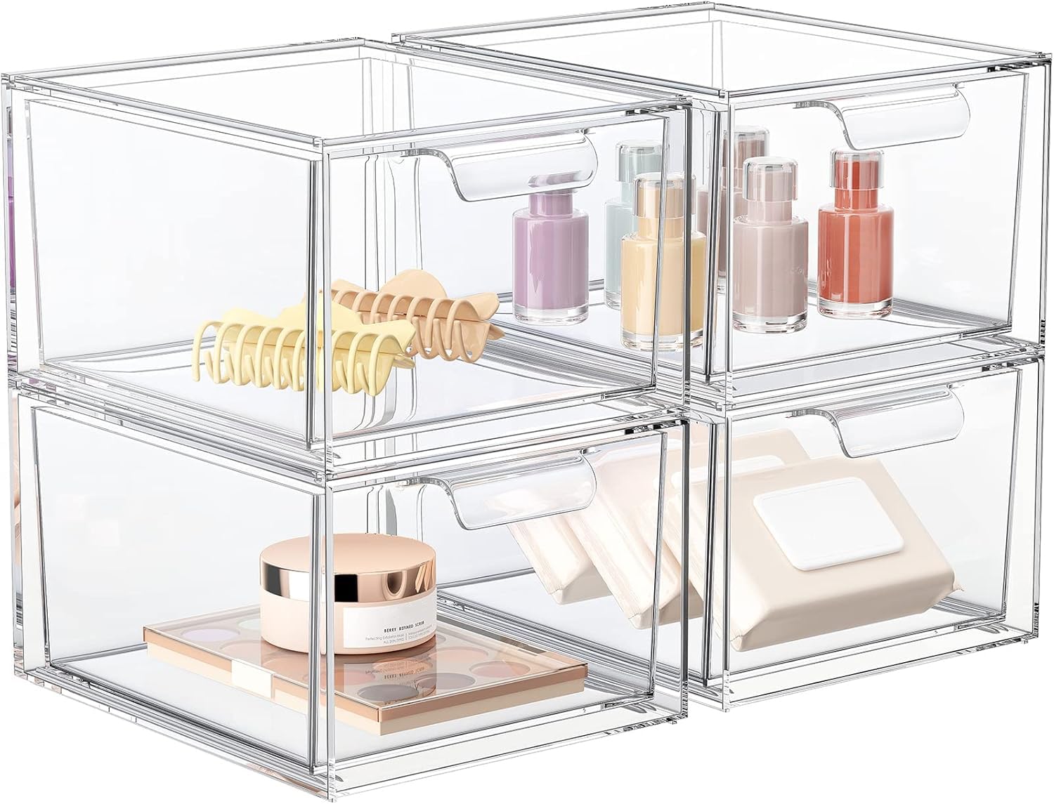SpaceHacks front view of four clear drawers showing organized cosmetics benefit visibility