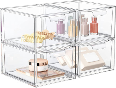 SpaceHacks front view of four clear drawers showing organized cosmetics benefit visibility