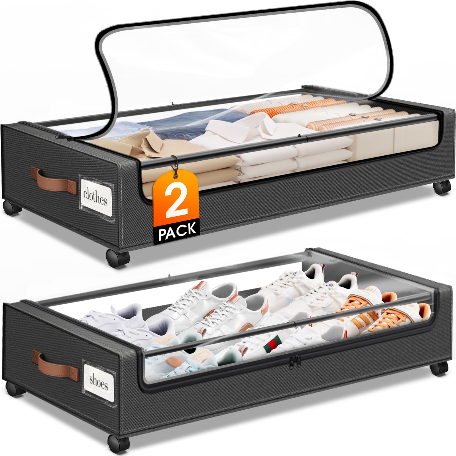 SpaceHacks front view showing two wheeled under-bed storage containers for easy access