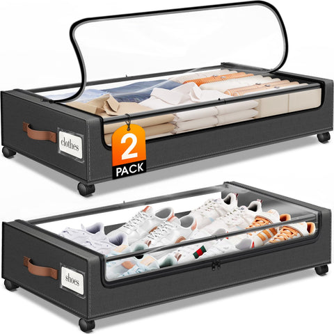 SpaceHacks front view showing two wheeled under-bed storage containers for easy access