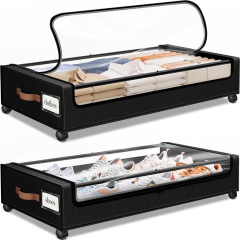 SpaceHacks front view of rolling under-bed storage showing slim profile and neat organization