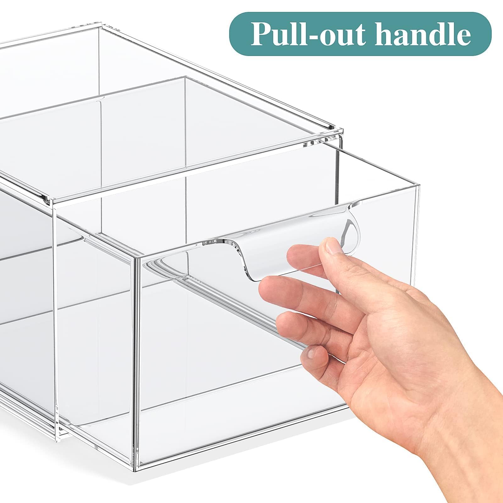 SpaceHacks drawers on vanity with makeup inside showing fast retrieval benefit